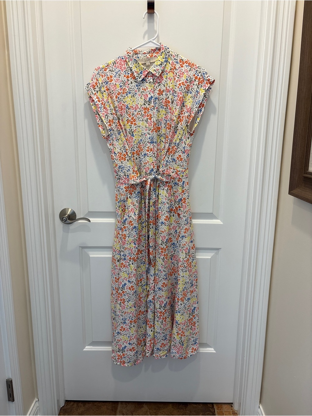 LOFT White Floral Button-Front Dress with Coral, Blue & Yellow Print